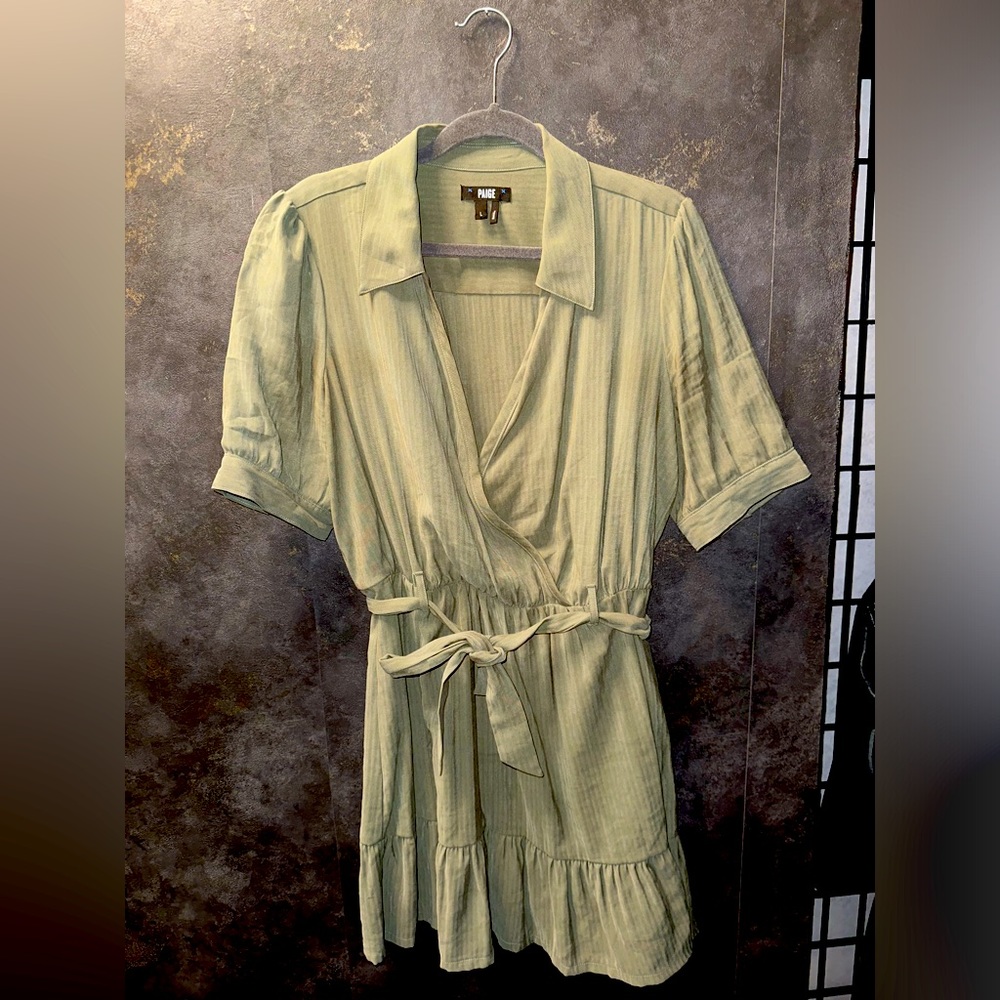PAIGE Vintage Ivy Green Puff Sleeve Belted Wrap Mini Dress